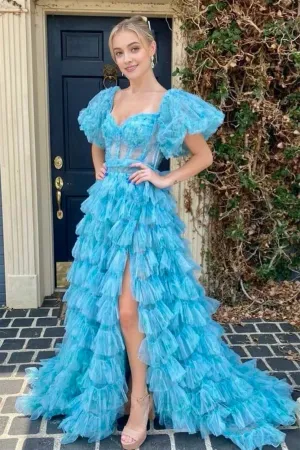 A-line Multi Tiered Printed Tulle Prom Dress with Slit A-line Multi Tiered Printed Tulle Prom Dress with Slit