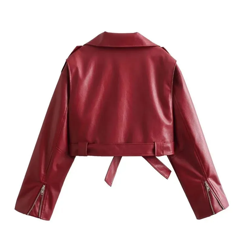 ADVBRIDGE  Bandage Red PU Jackets For Women Fashion Zipper Turn Collar Lace Up Coat Womens Winter Street Casual Short Jacket Woman