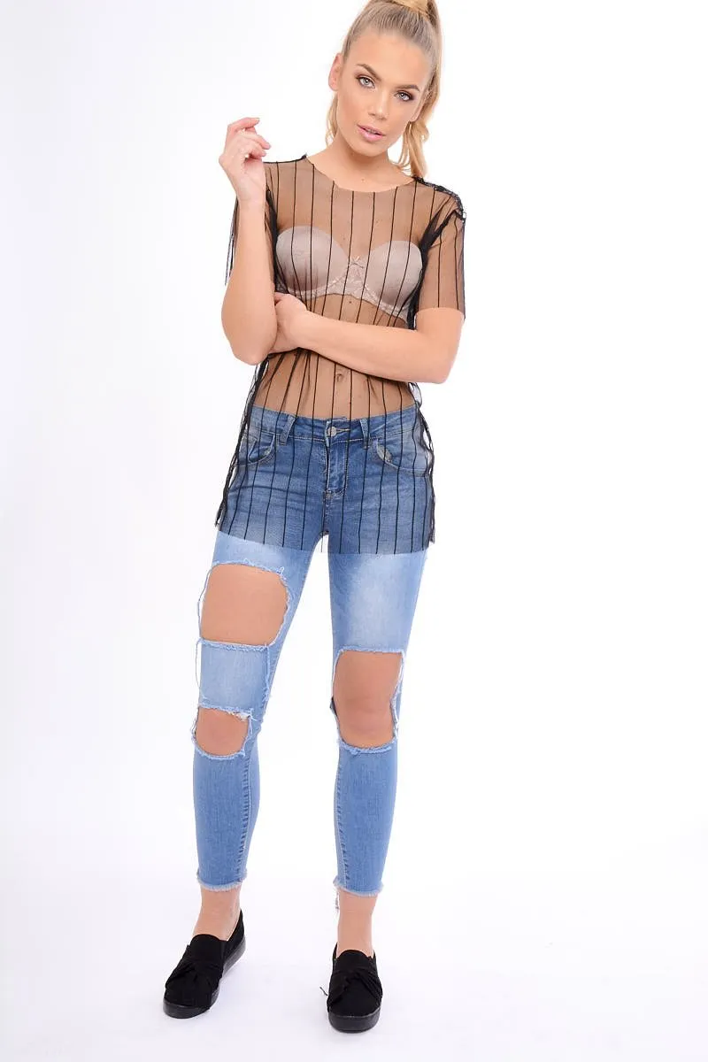 Black Sheer Mesh Striped T-Shirt - Shontelle