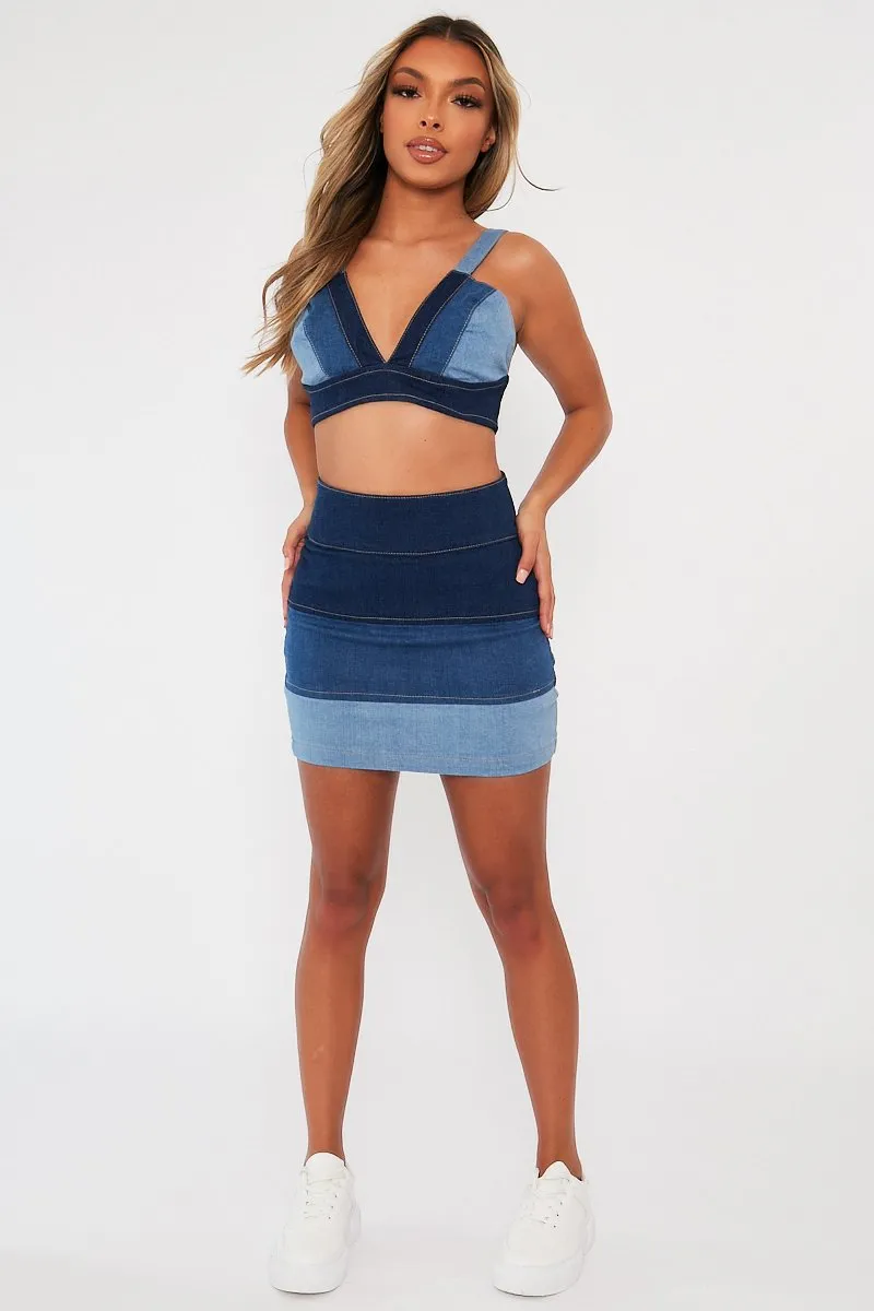Blue Contrast Panel Denim Skirt - Kodie