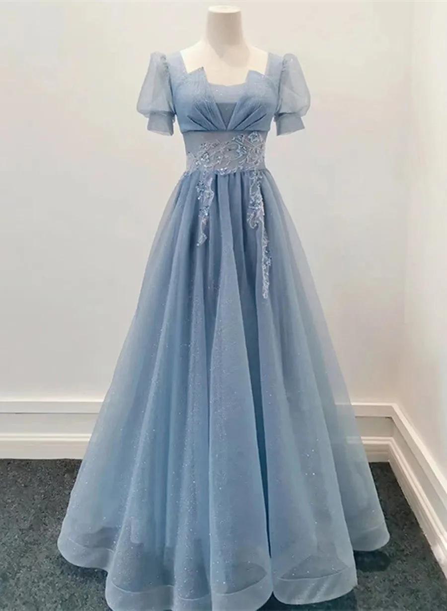 Blue Shiny Tulle Short Sleeves Long Formal Dress, Blue A-line Prom Dress