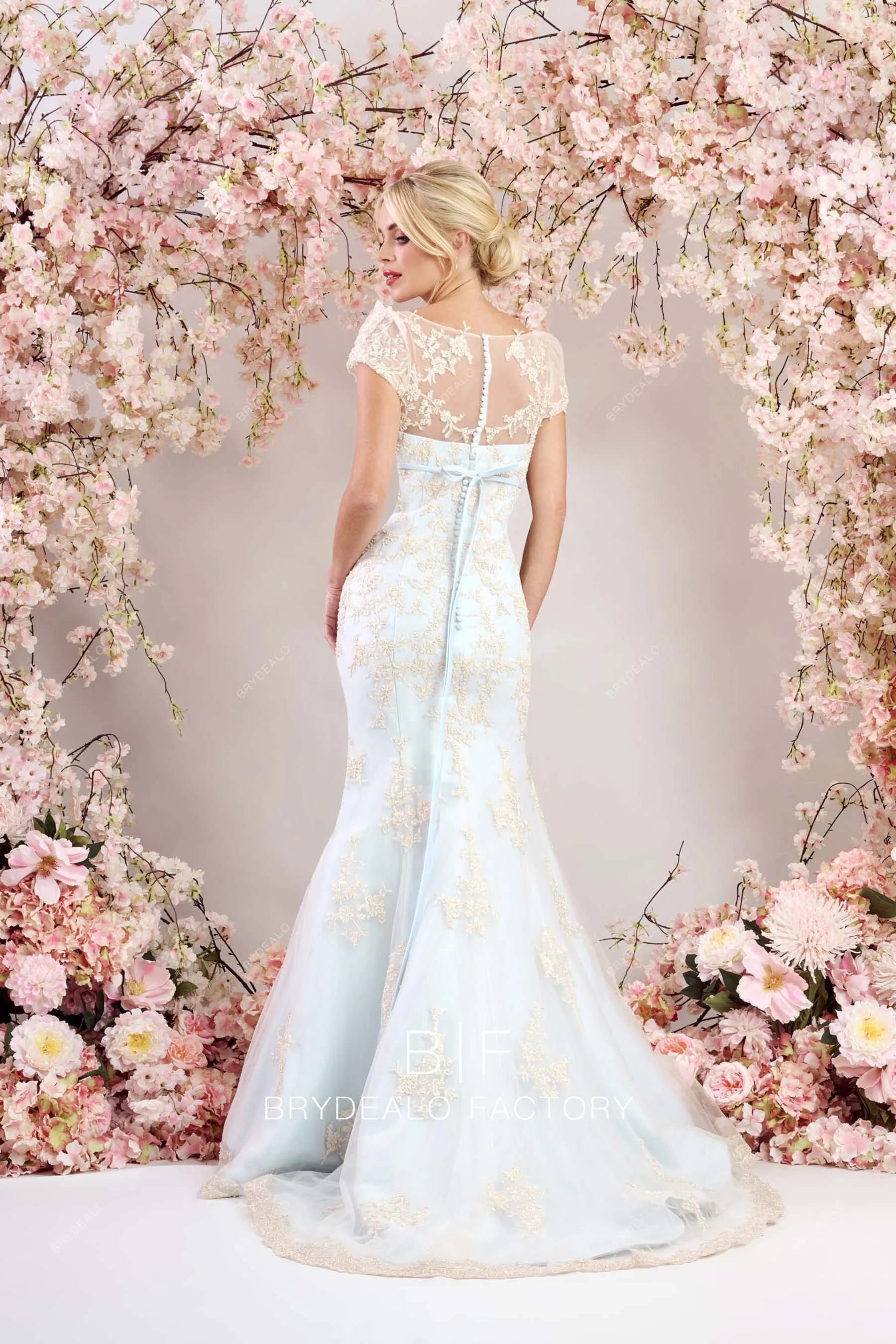 Champagne Lace Overlaid Blue Mermaid Maternity Bridal Dress with Overskirt