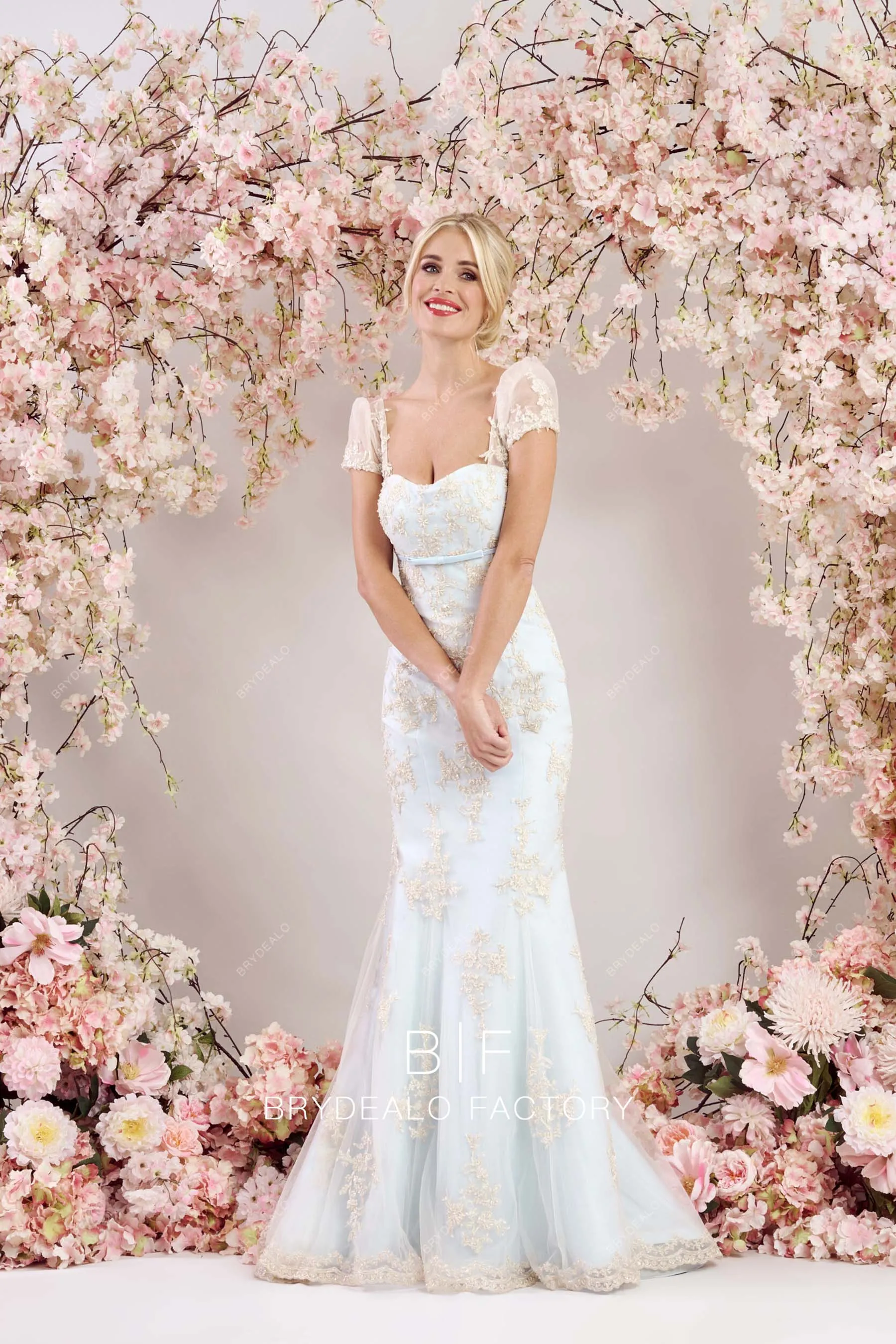 Champagne Lace Overlaid Blue Mermaid Maternity Bridal Dress with Overskirt