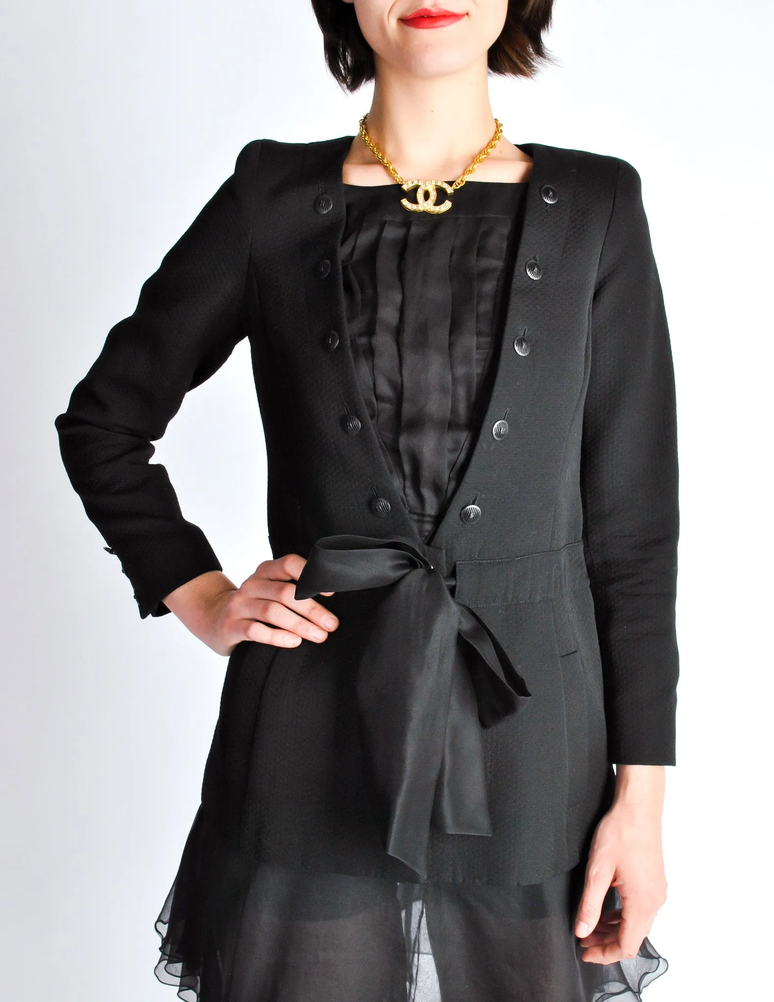 Chanel Vintage SS 2002 Black Pique & Chiffon Two-Piece Jacket & Shorts Suit
