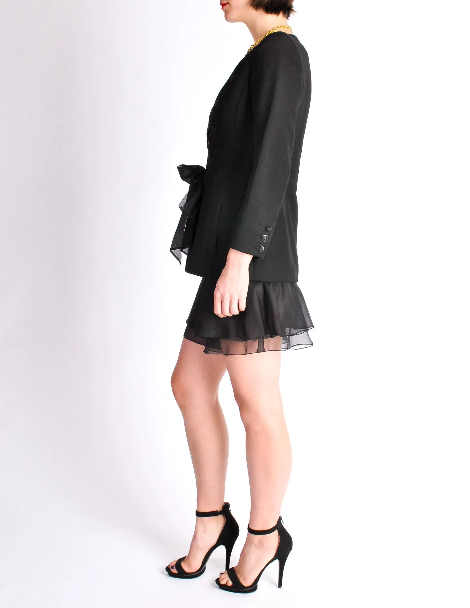 Chanel Vintage SS 2002 Black Pique & Chiffon Two-Piece Jacket & Shorts Suit