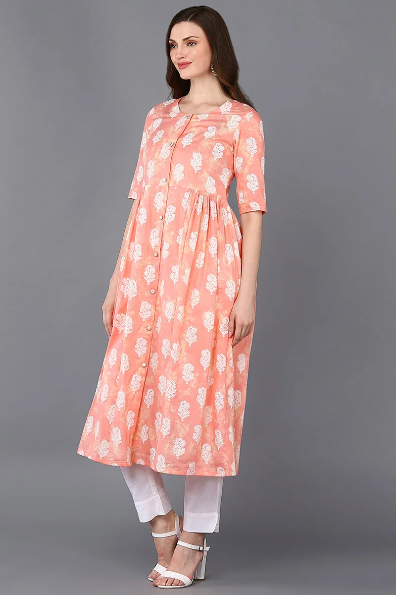 Cotton Peach Floral Printed Flared Kurta