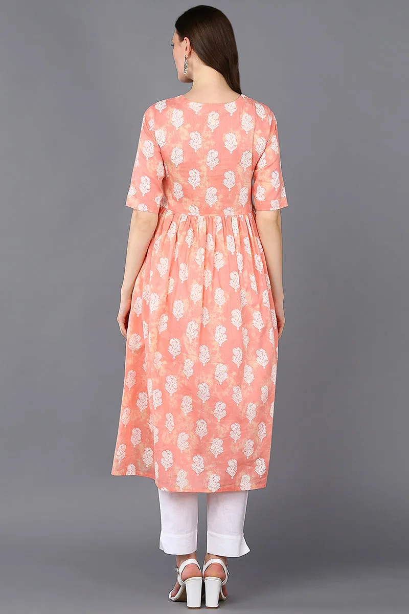 Cotton Peach Floral Printed Flared Kurta