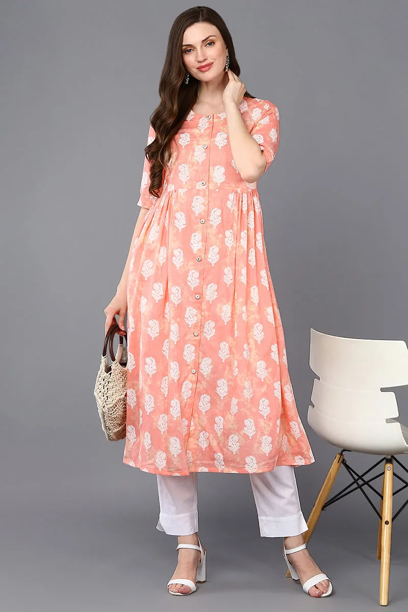 Cotton Peach Floral Printed Flared Kurta