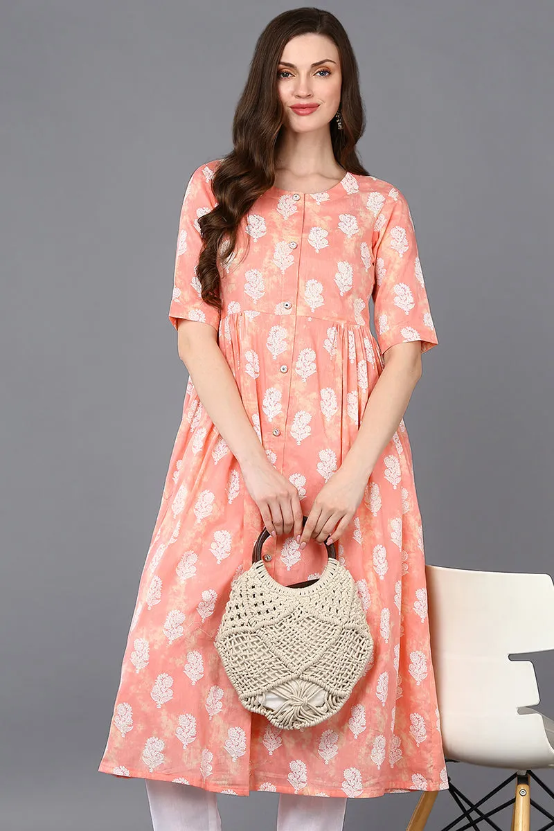 Cotton Peach Floral Printed Flared Kurta