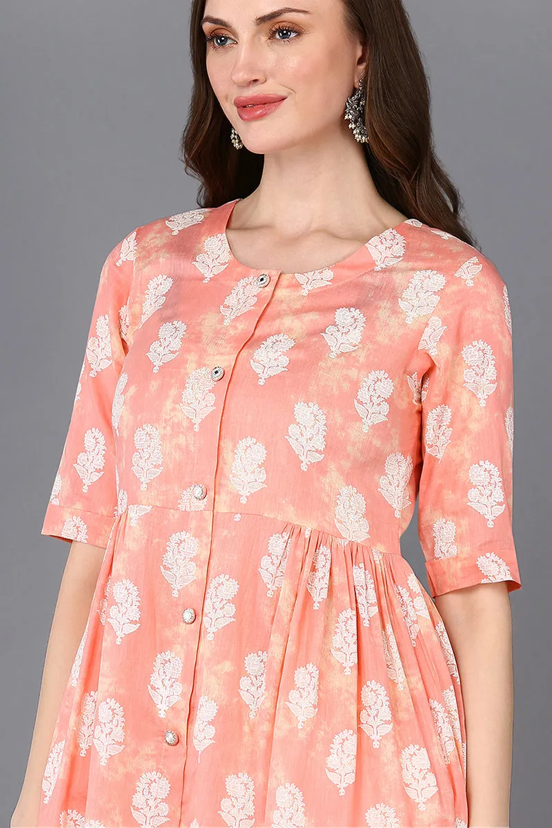 Cotton Peach Floral Printed Flared Kurta
