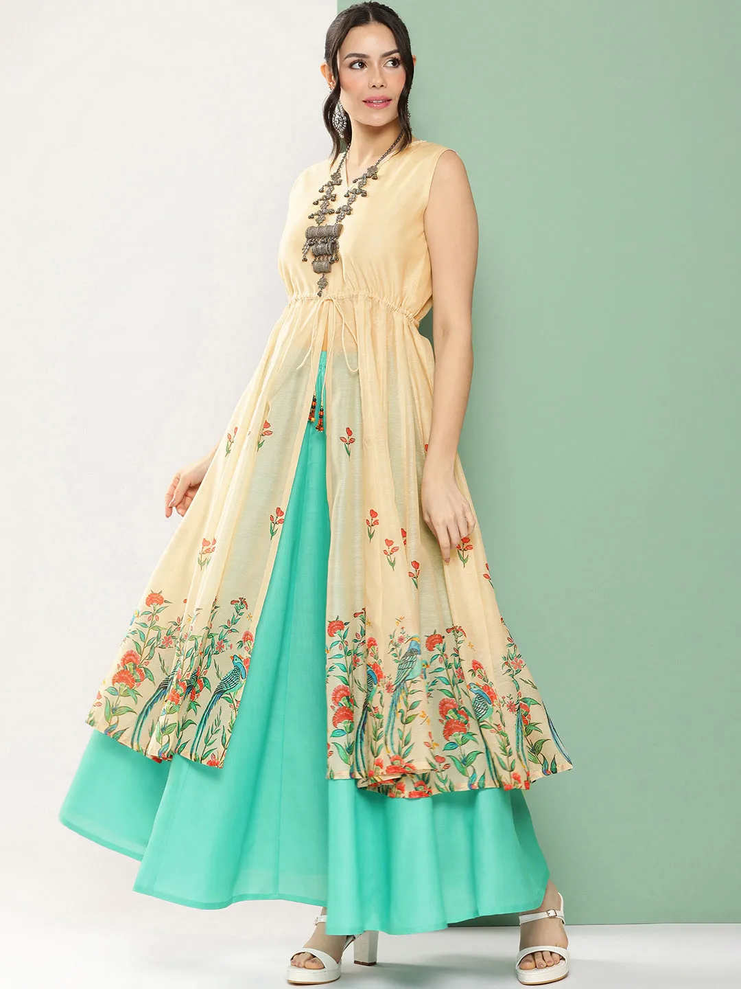 Cream Anarakali Digital Printed Kurta with Skirt Set For Women & Lehenga Crop Top Set For Girls