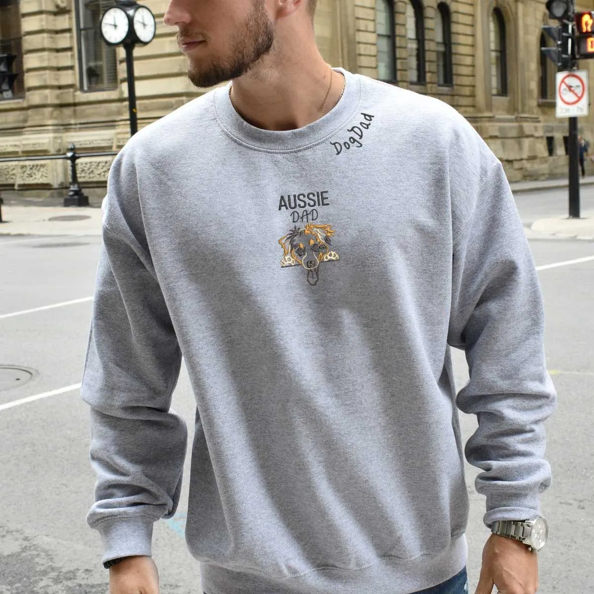 Custom  Australian Shepherd Dog Dad Sweatshirt Embroidered Collar , Personalized Sweatshirt with Dog Name, Best Gifts For Australian Shepherd Owners