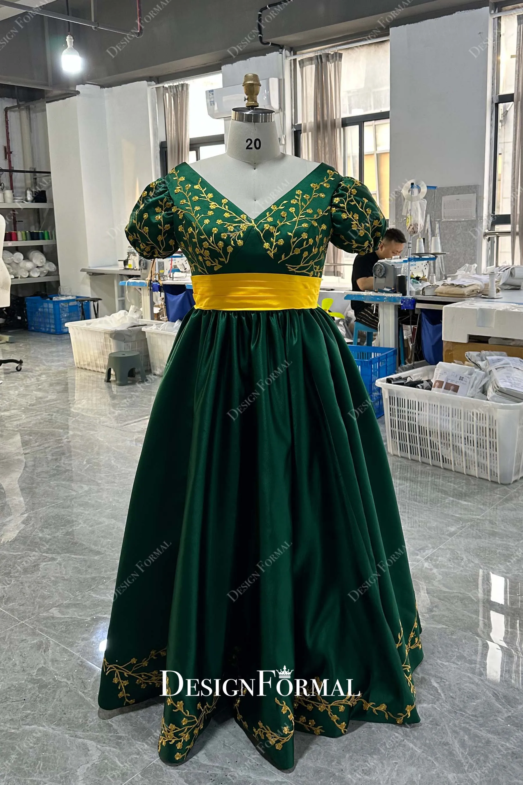 Custom Plus Size Green Satin Prom Untraditional Bridal Dress with Gold Overskirt