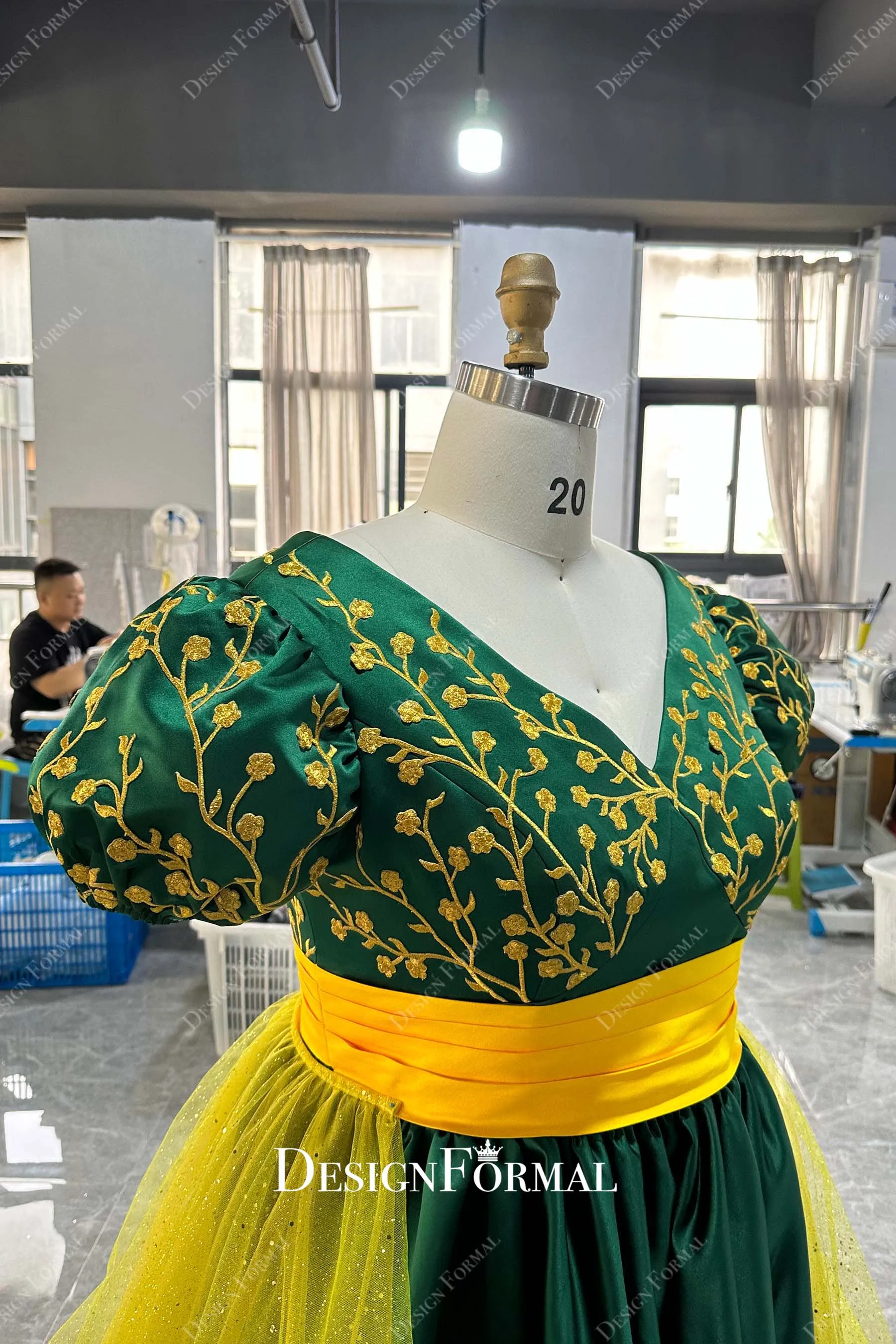 Custom Plus Size Green Satin Prom Untraditional Bridal Dress with Gold Overskirt
