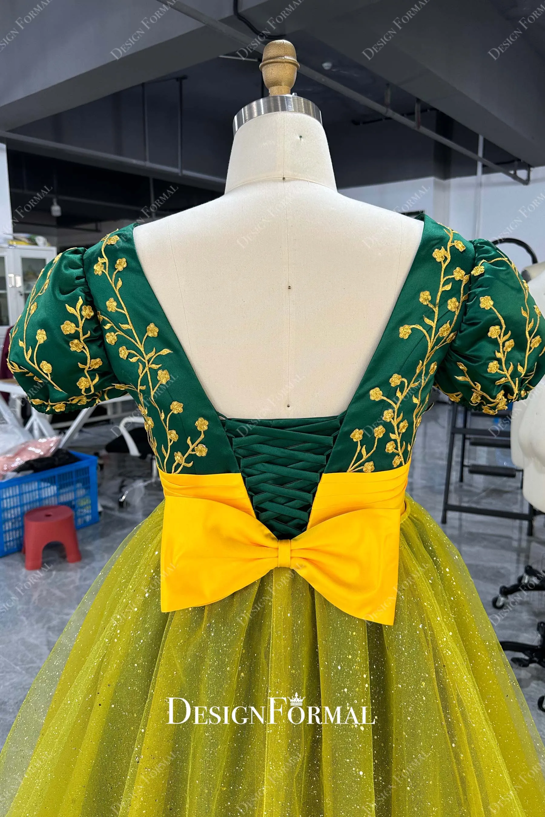Custom Plus Size Green Satin Prom Untraditional Bridal Dress with Gold Overskirt