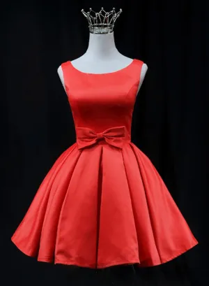 Cute Red Satin Short Party Dress Prom Dress Red Round Neckline Homecoming Dress