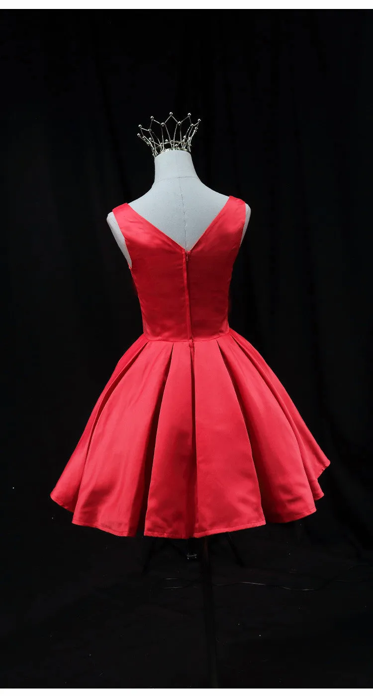 Cute Red Satin Short Party Dress Prom Dress Red Round Neckline Homecoming Dress