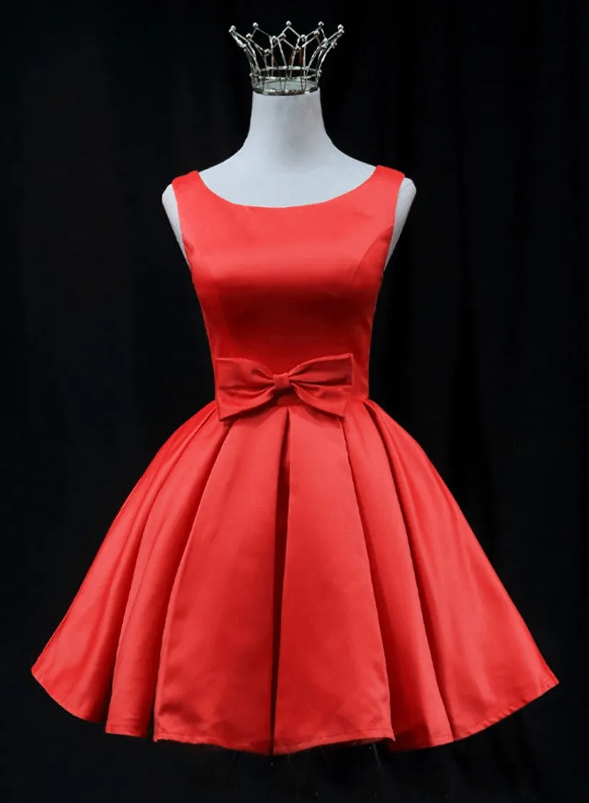 Cute Red Satin Short Party Dress Prom Dress Red Round Neckline Homecoming Dress