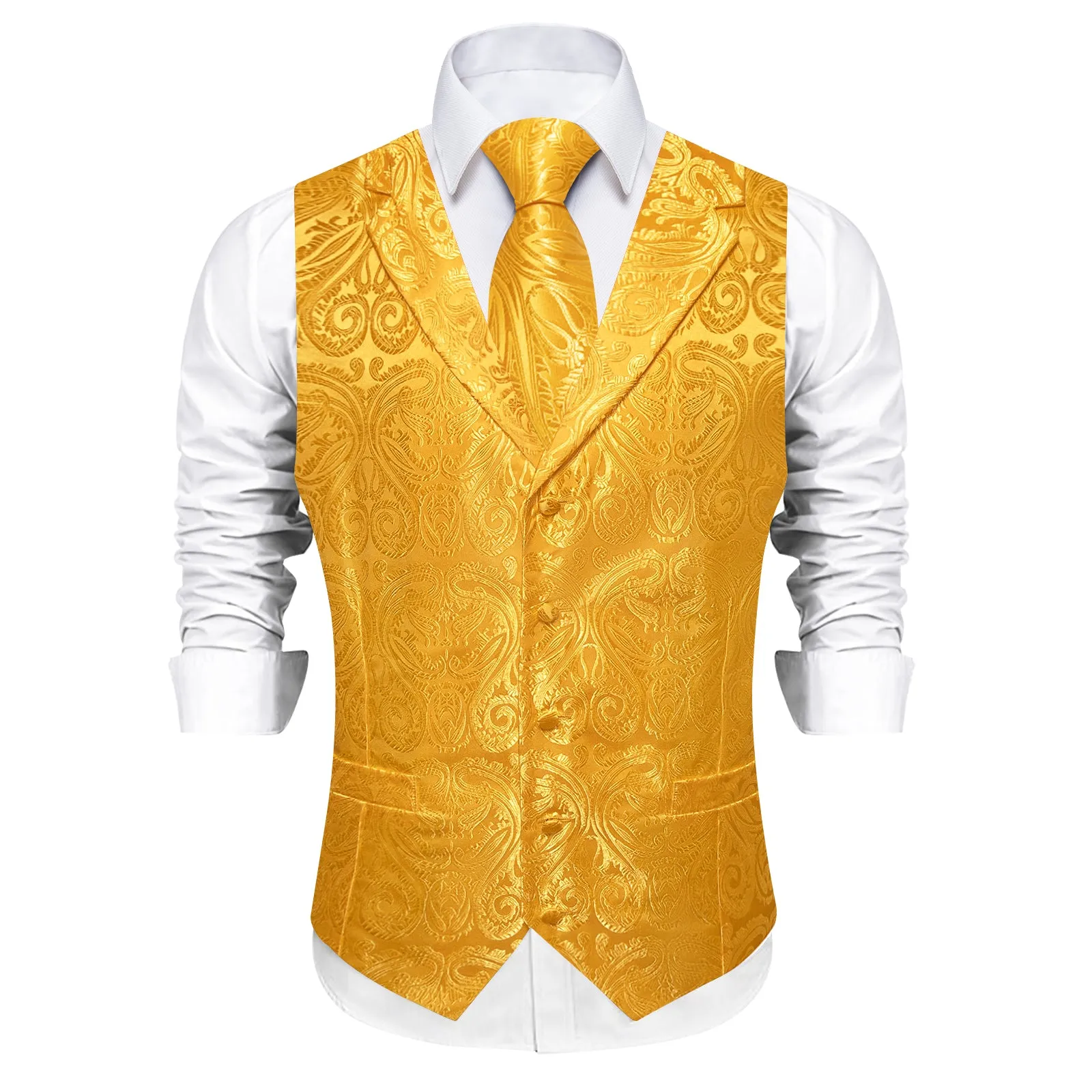 DiBanGu Harvest Gold Paisley Notched Collar Silk Mens Vest Tie Set