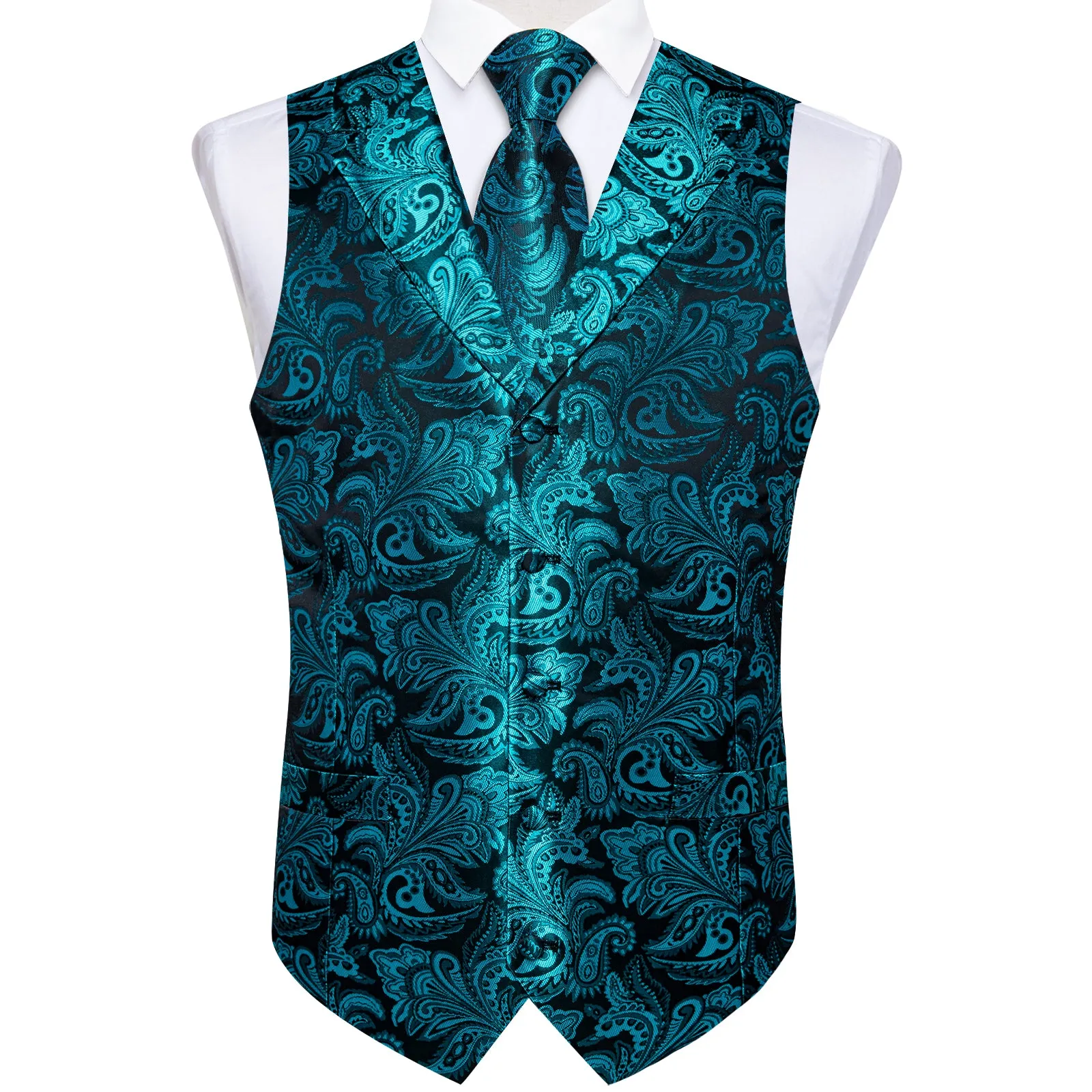 DiBanGu Notched Collar Vest Teal Floral Jacquard V Neck Mens Waistcoat Vest Tie Handkerchief Cufflinks Set