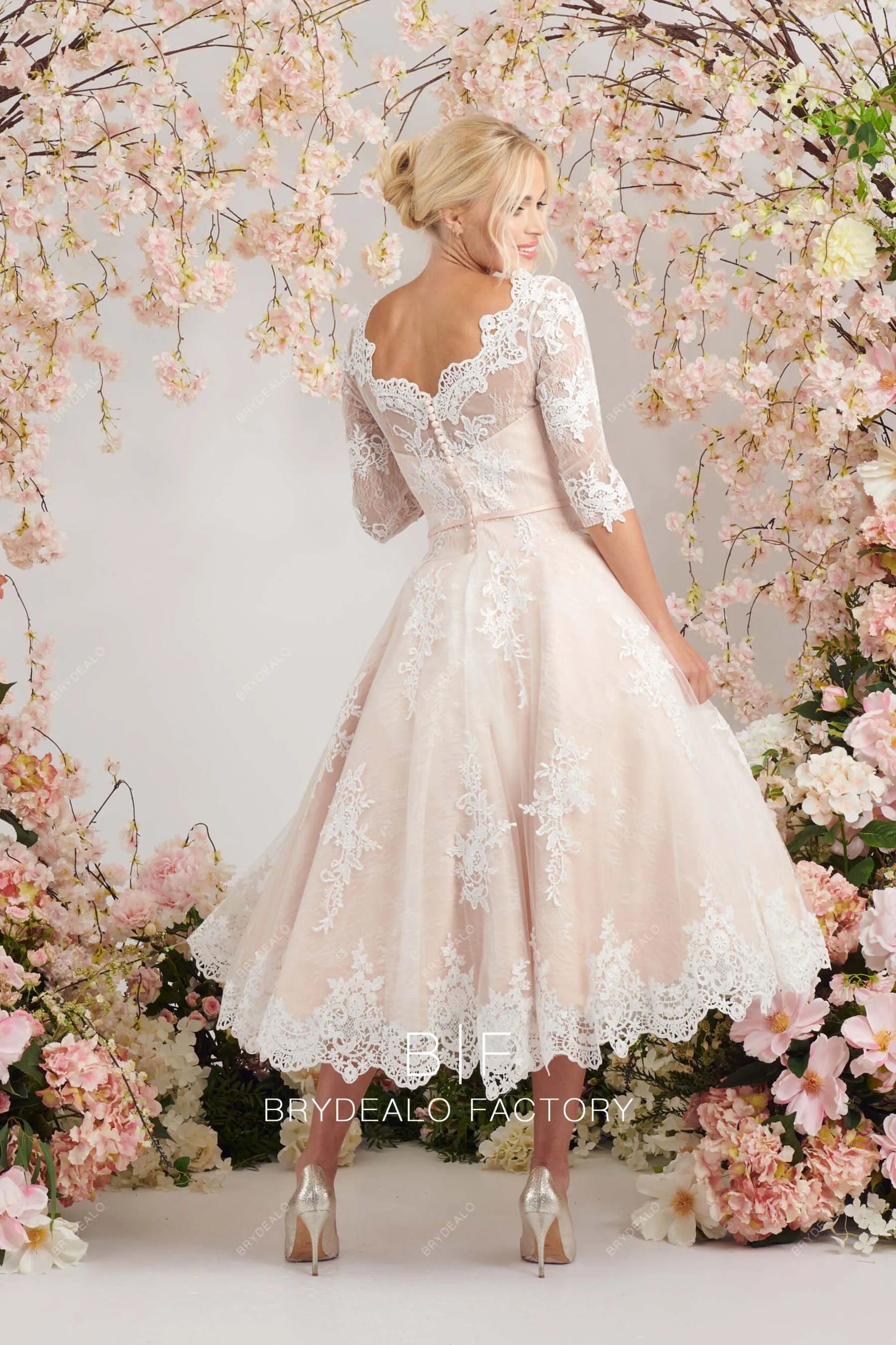 Elegant Lace Three-Quarter Sleeves Blush Tea-Length Wedding Dress