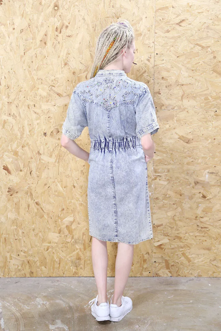 Embellished Denim Zip Through Midi Dress