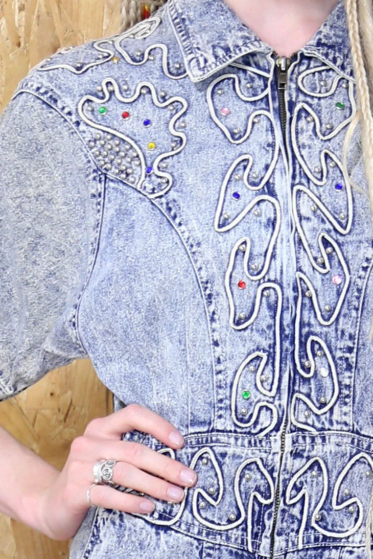 Embellished Denim Zip Through Midi Dress