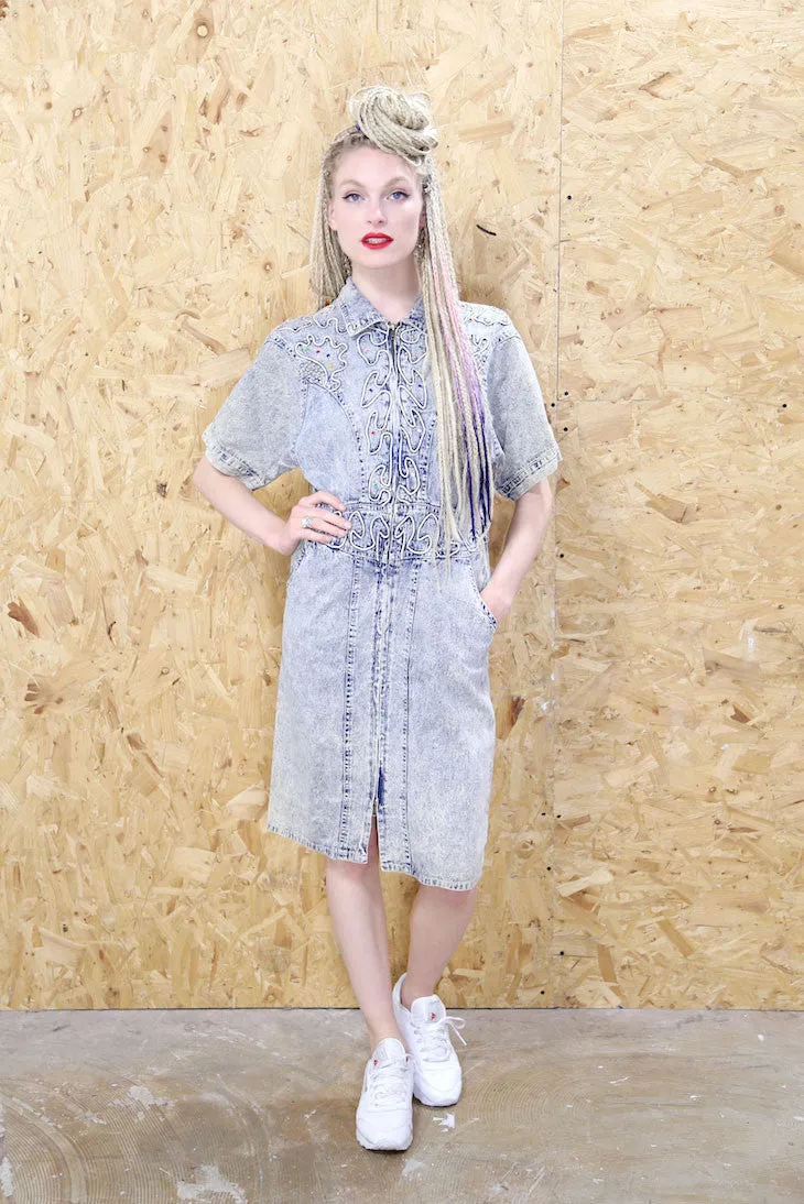 Embellished Denim Zip Through Midi Dress