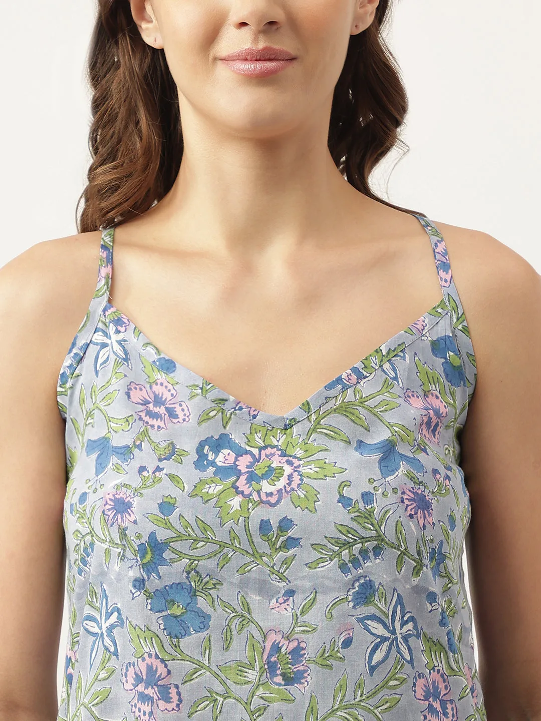Floral Printed Sleeveless Pure Cotton Short Night Suit