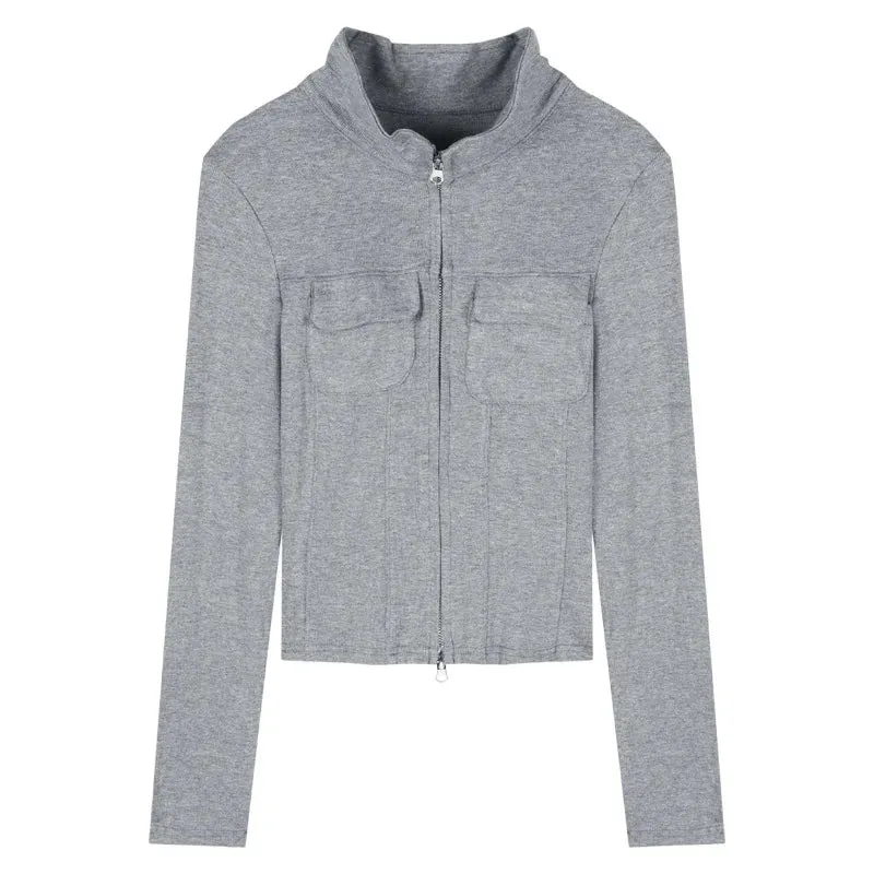 Girlary Sexy Long Sleeve Korean Autumn Clothes Women Top Gray Zipper Solid Slim Jackets Spring Hotsweet Fashion Lady Clothes Y2k