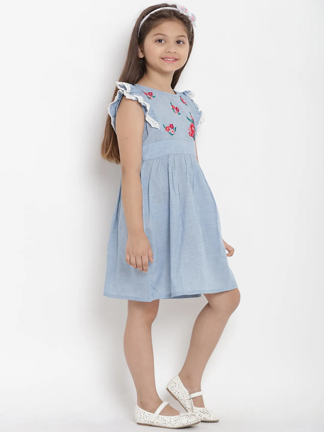 Girls Blue Striped Fit And Flare Dress
