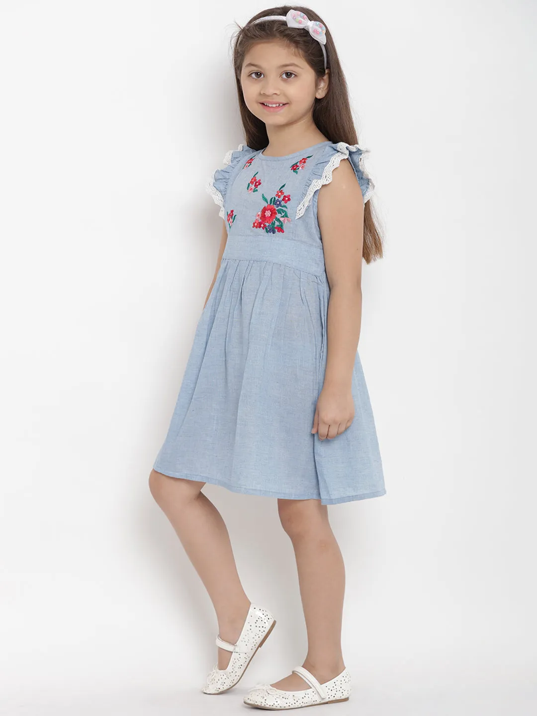 Girls Blue Striped Fit And Flare Dress
