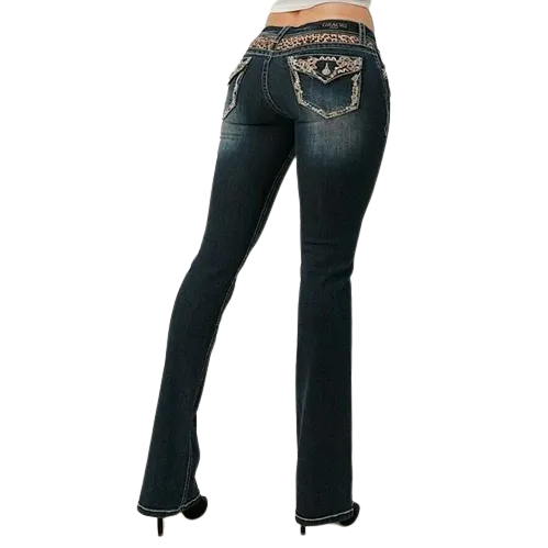 Grace In LA Women's Leopard Embellished Flap Pockets Jeans
