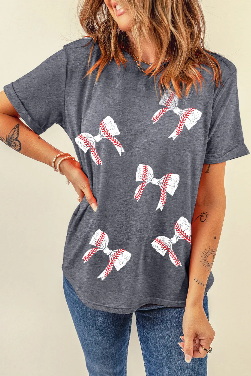 Gray Baseball Bow Knot Graphic Crewneck Tee