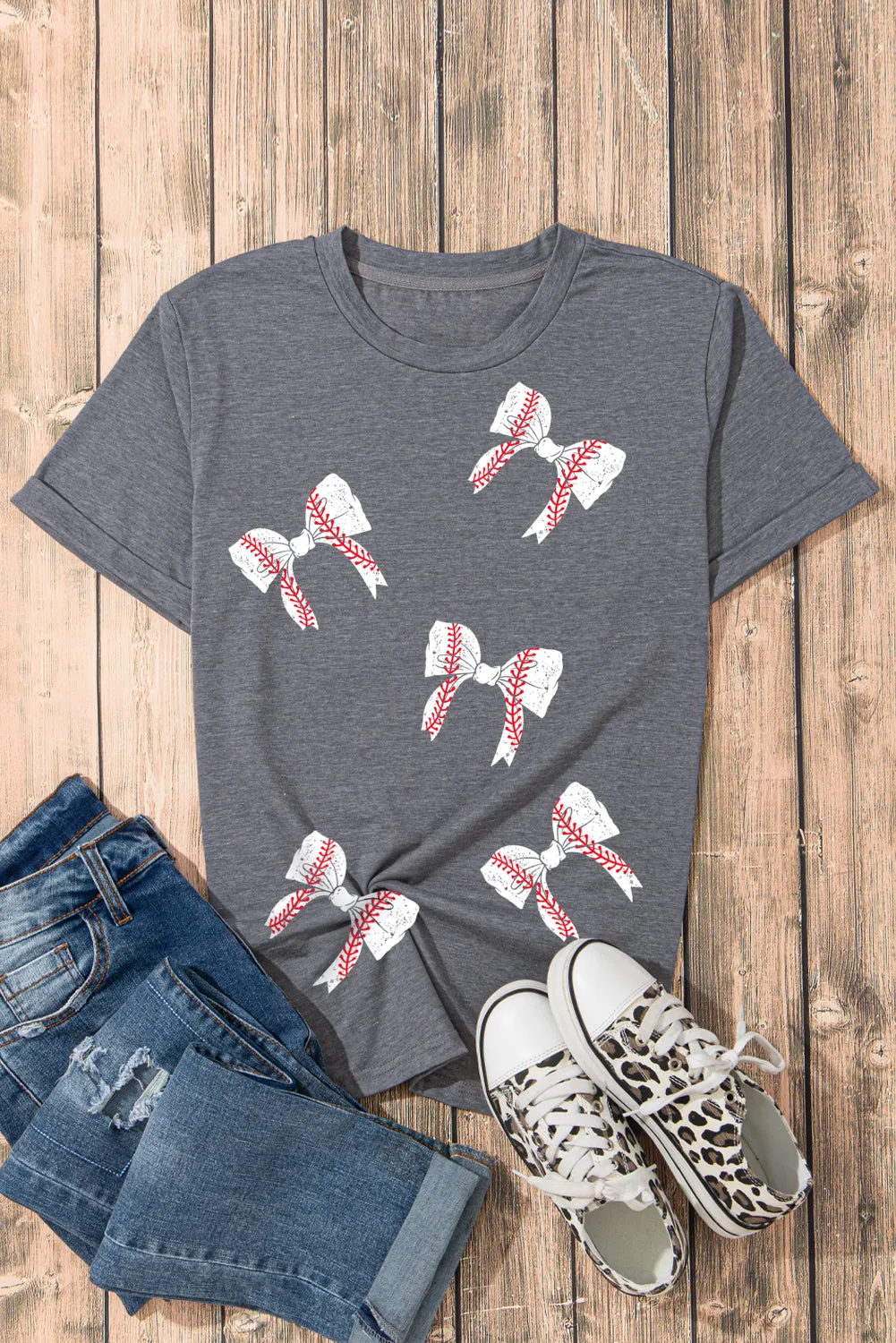 Gray Baseball Bow Knot Graphic Crewneck Tee