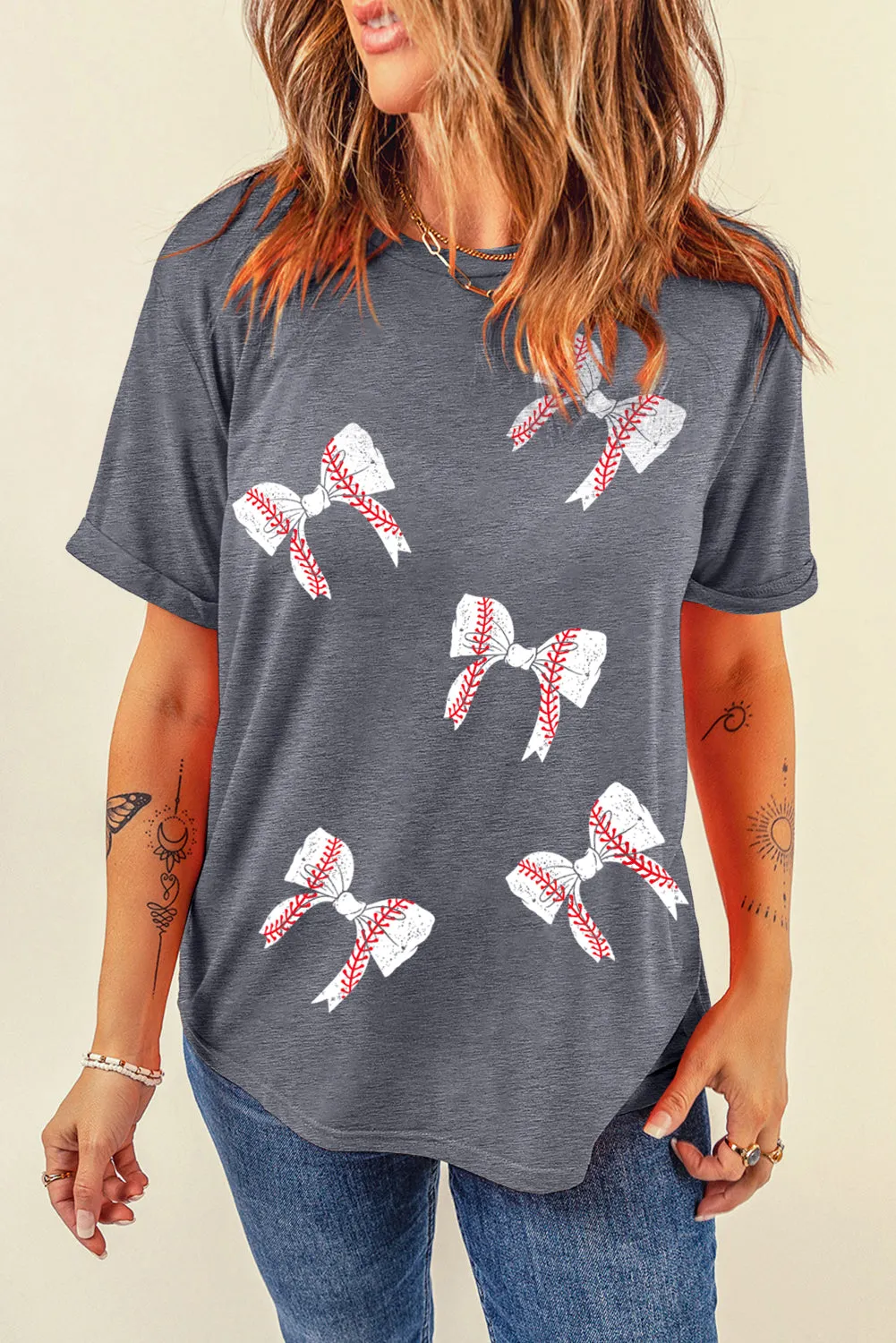 Gray Baseball Bow Knot Graphic Crewneck Tee