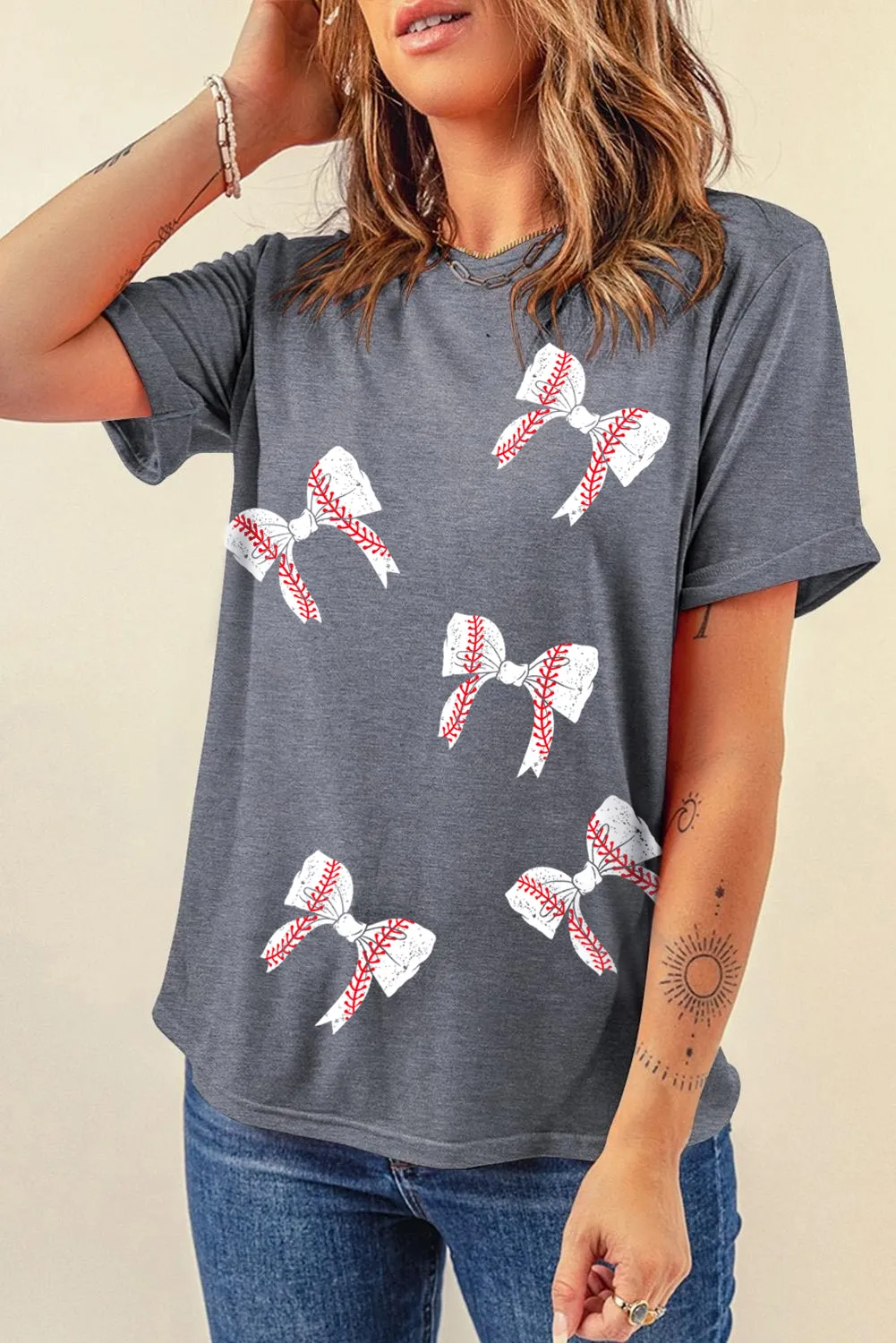 Gray Baseball Bow Knot Graphic Crewneck Tee