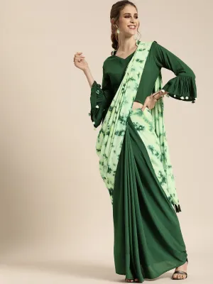 Green Dyed Pure Cotton Saree With Semi-Stitched Blouse