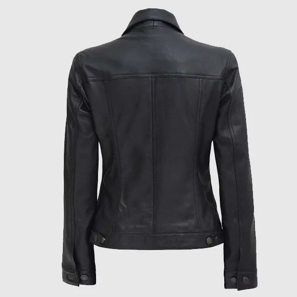 High Quality Womens Four Pocket Black Trucker Leather Jacket