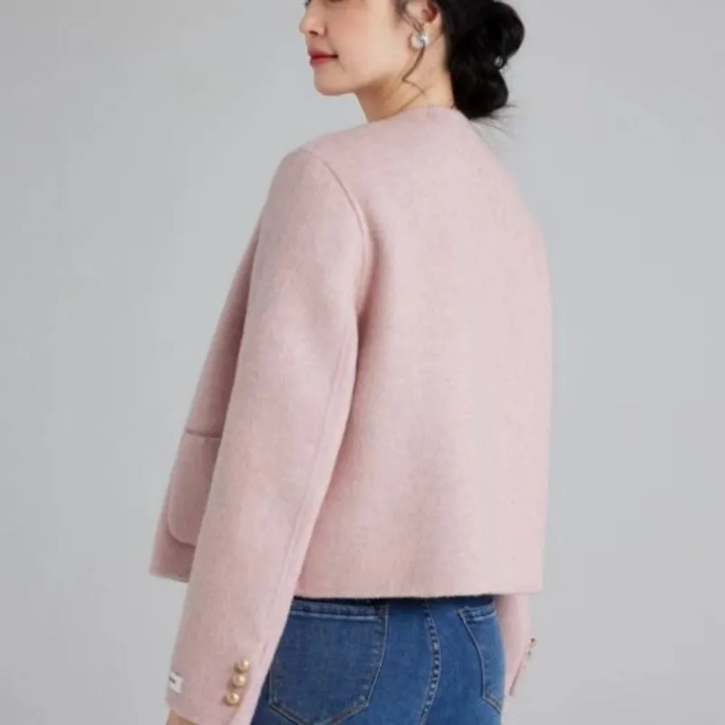 Joskaa Short Tweed Jacket Women Commuter Luxury Double-sided Tweed Jacket Round Collar Single-breasted Tops Coats Fall Outfits 2024