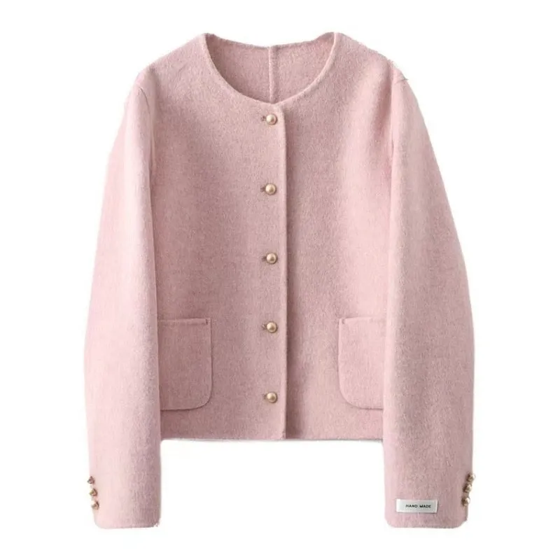 Joskaa Short Tweed Jacket Women Commuter Luxury Double-sided Tweed Jacket Round Collar Single-breasted Tops Coats Fall Outfits 2024