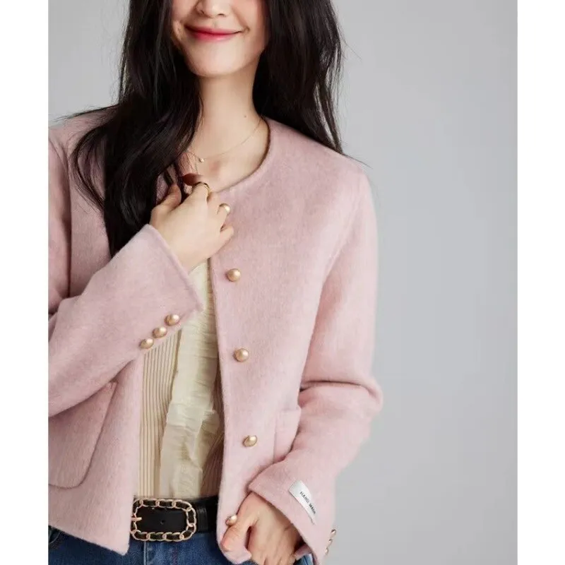 Joskaa Short Tweed Jacket Women Commuter Luxury Double-sided Tweed Jacket Round Collar Single-breasted Tops Coats Fall Outfits 2024