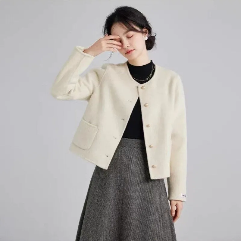 Joskaa Short Tweed Jacket Women Commuter Luxury Double-sided Tweed Jacket Round Collar Single-breasted Tops Coats Fall Outfits 2024