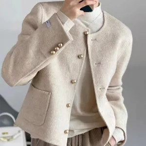 Joskaa Short Tweed Jacket Women Commuter Luxury Double-sided Tweed Jacket Round Collar Single-breasted Tops Coats Fall Outfits 2024
