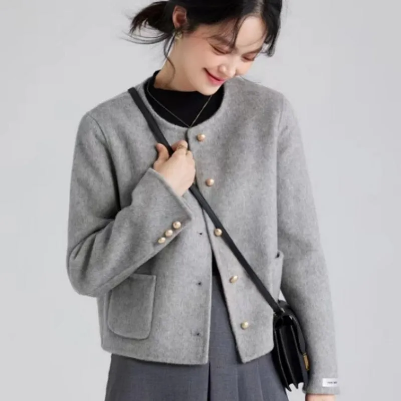 Joskaa Short Tweed Jacket Women Commuter Luxury Double-sided Tweed Jacket Round Collar Single-breasted Tops Coats Fall Outfits 2024