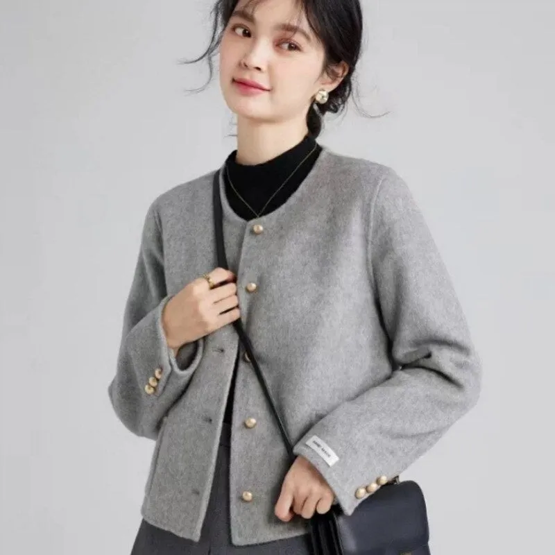 Joskaa Short Tweed Jacket Women Commuter Luxury Double-sided Tweed Jacket Round Collar Single-breasted Tops Coats Fall Outfits 2024