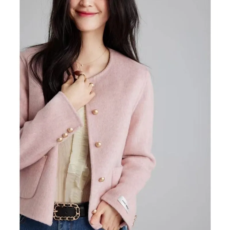 Joskaa Short Tweed Jacket Women Commuter Luxury Double-sided Tweed Jacket Round Collar Single-breasted Tops Coats Fall Outfits 2024
