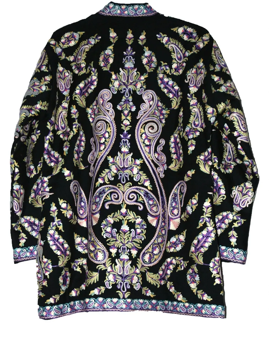 Kashmiri Woolen Jacket Black, Multicolor Embroidery #AO-037
