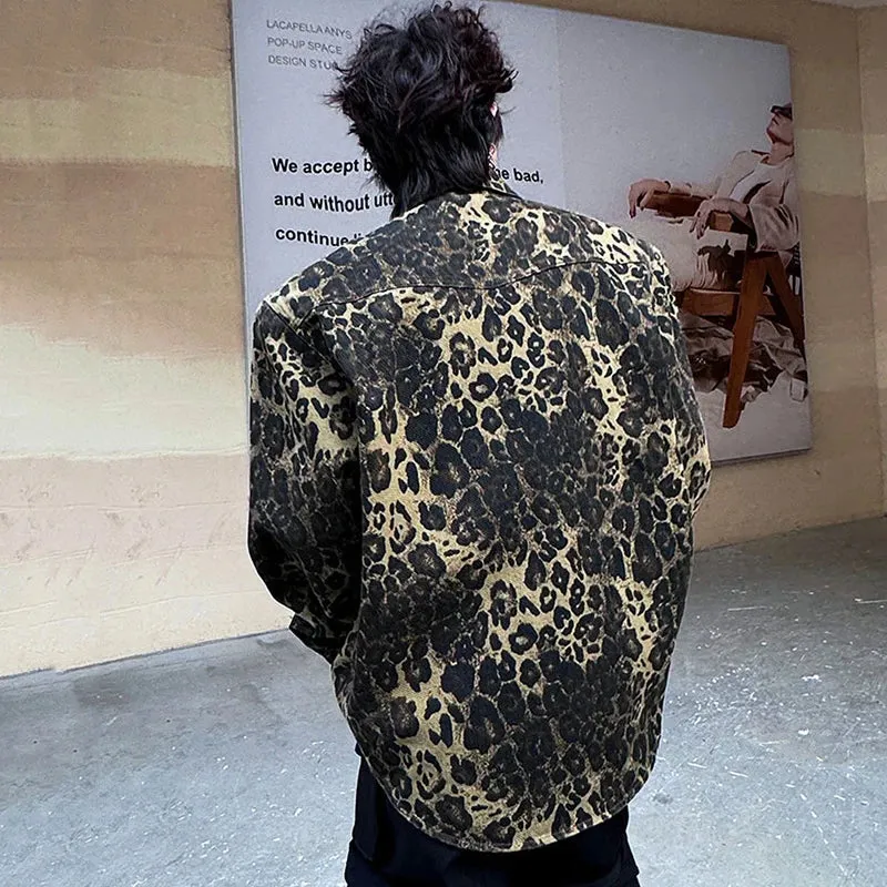 Lapel Male Jackets Stylish Leopard Printing Pockets Metal Button Men's Short Coats Personality Spring Chic 9C4398