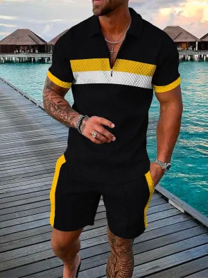 Men's Fashion 3D Printed Short Sleeve Geometric Zip Lapel Shirt Set